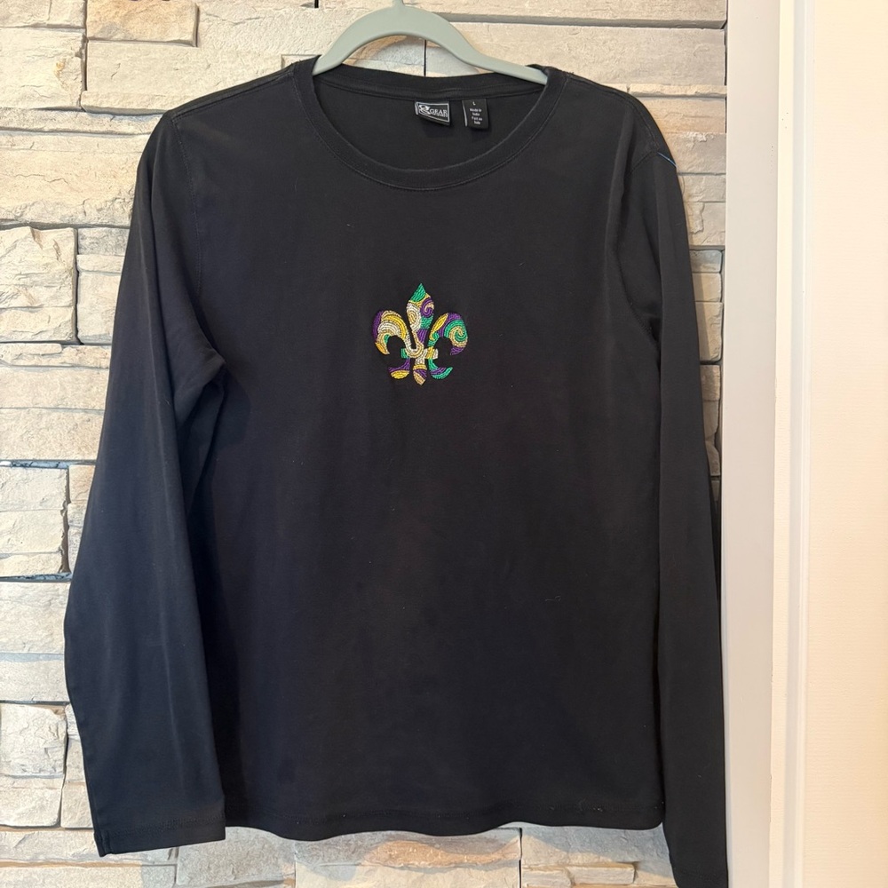 Gear for Sports Ladies L Mardi Gras Fleur-de-lis Black Long Sleeve Cotton Shirt